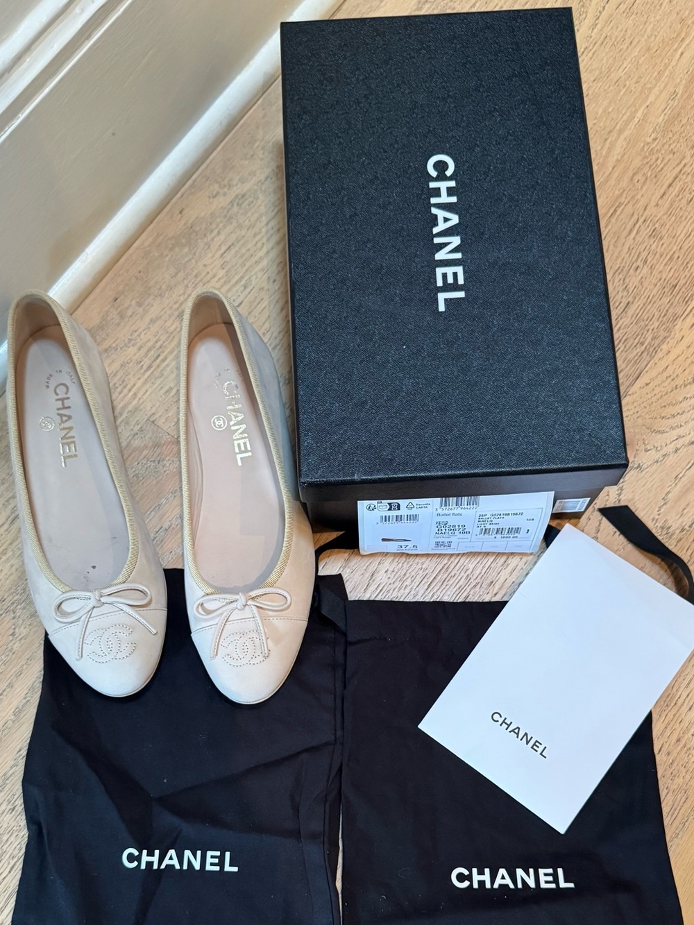 CHANEL Beige Quilted Leather Ballet Flats with Bow